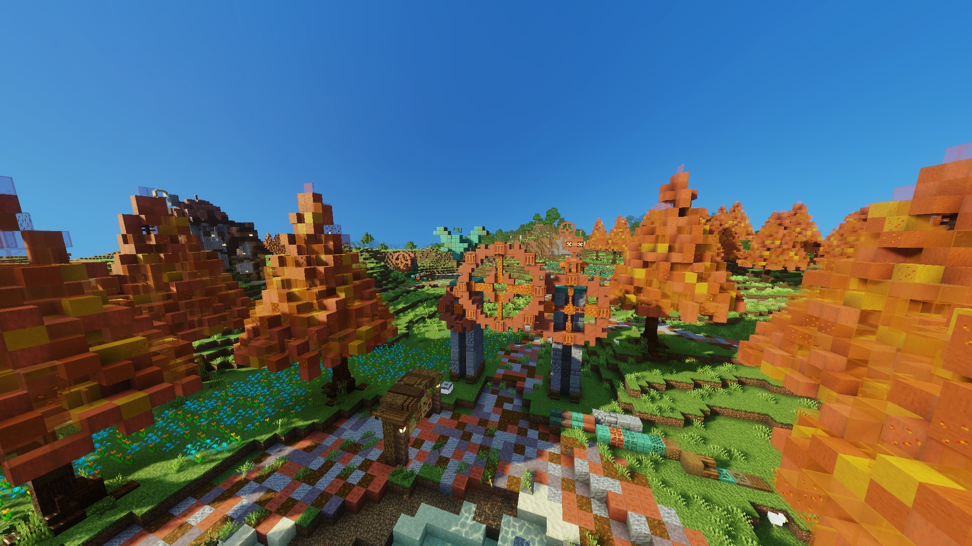 Copper cogs and orange autumn trees along the paths of Amberworks