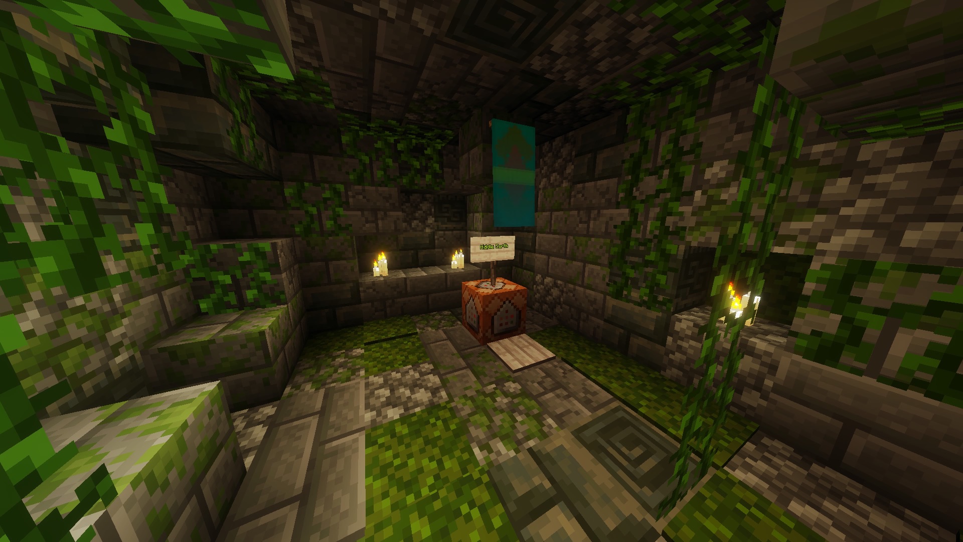 A hidden moss-covered stone chamber marked Middle Earth