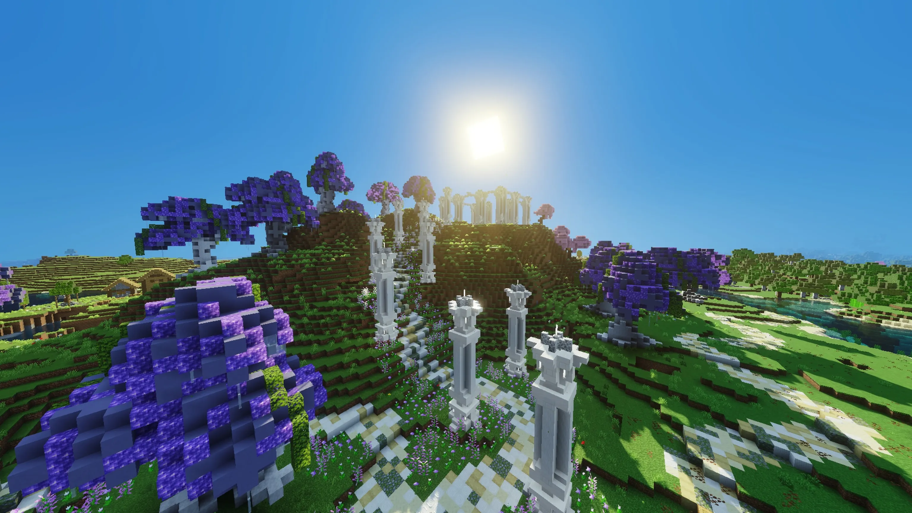 Olympia's purple blossom trees and marble ruins beneath a bright blue sky