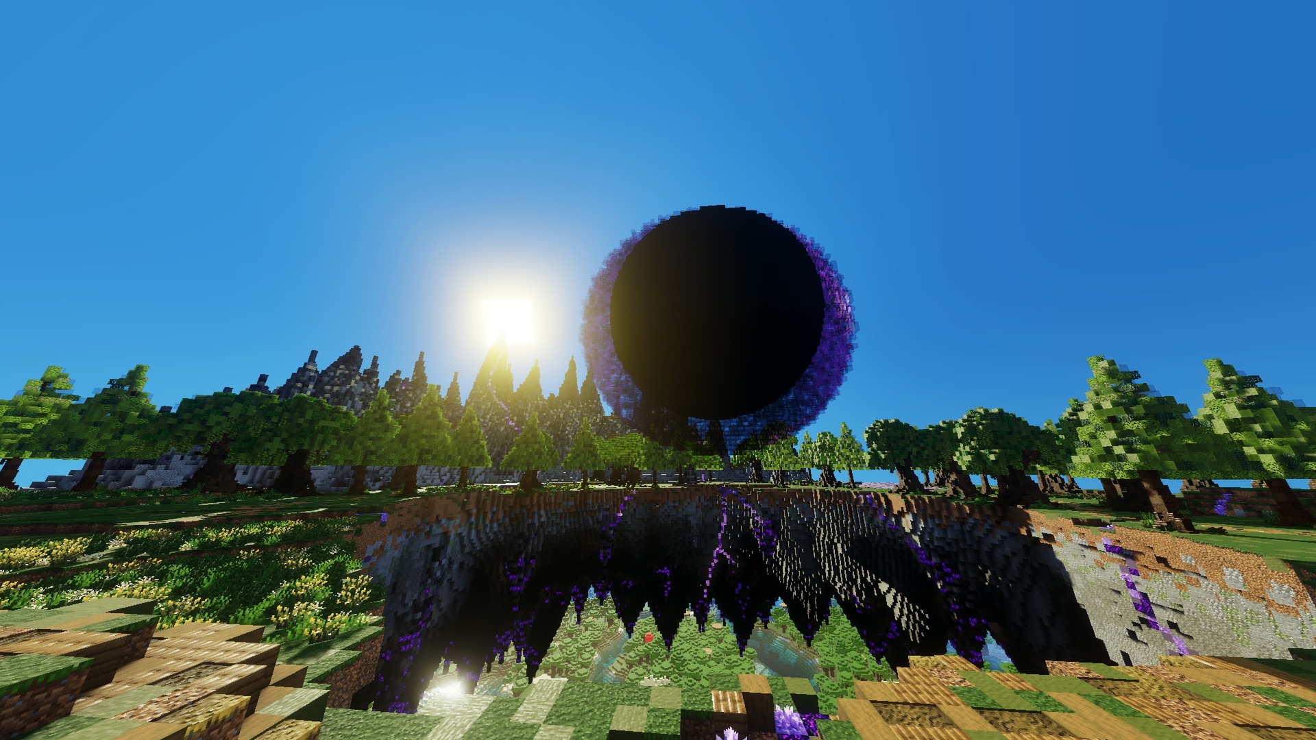 A fractured floating island being pulled into a vast dark void