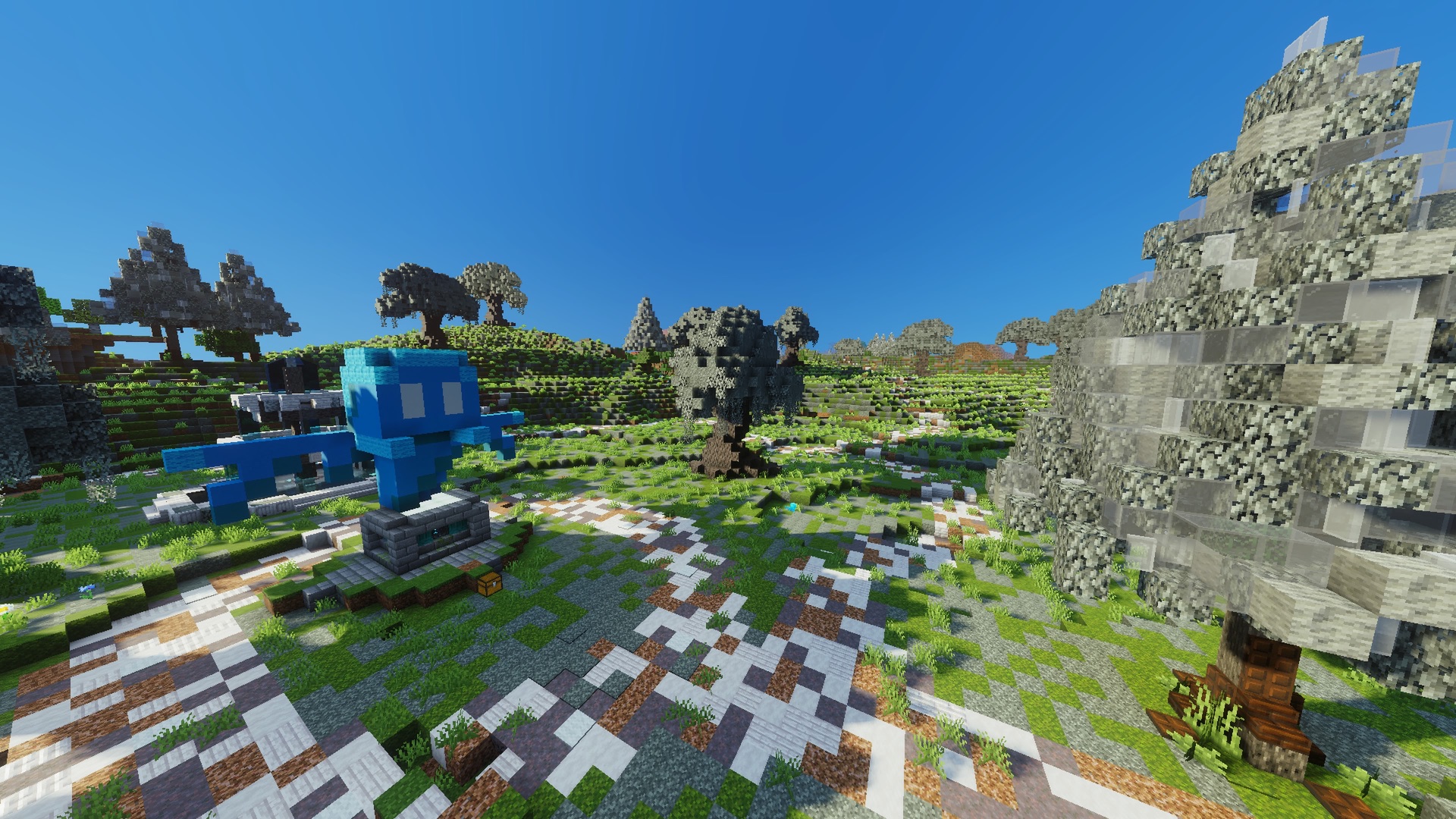 Pale oak trees and a small blue allay statue in Veiled Hollow