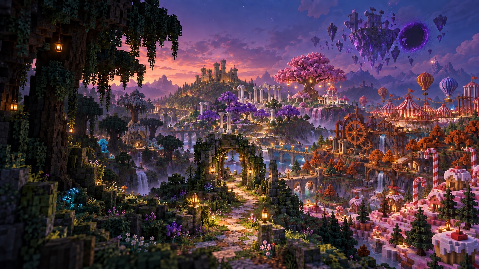 A twilight voxel realm where all ten Evermore biomes meet, from ancient forest and hidden mossy ruins to marble gardens, a pink fairy tree, copper machinery, circus tents, candy hills and a fractured floating island