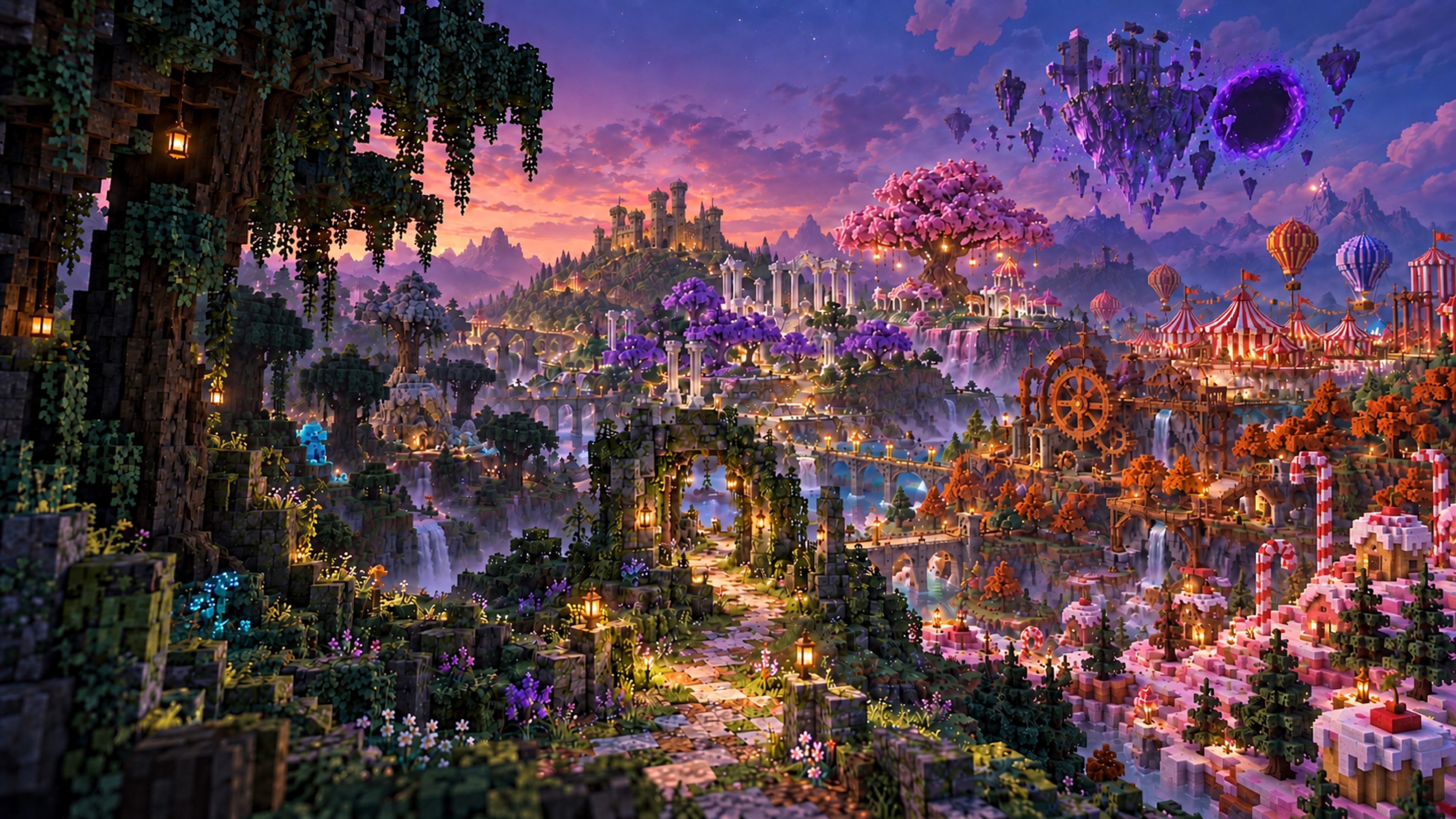 A twilight voxel realm where all ten Evermore biomes meet, from ancient forest and hidden mossy ruins to marble gardens, a pink fairy tree, copper machinery, circus tents, candy hills and a fractured floating island