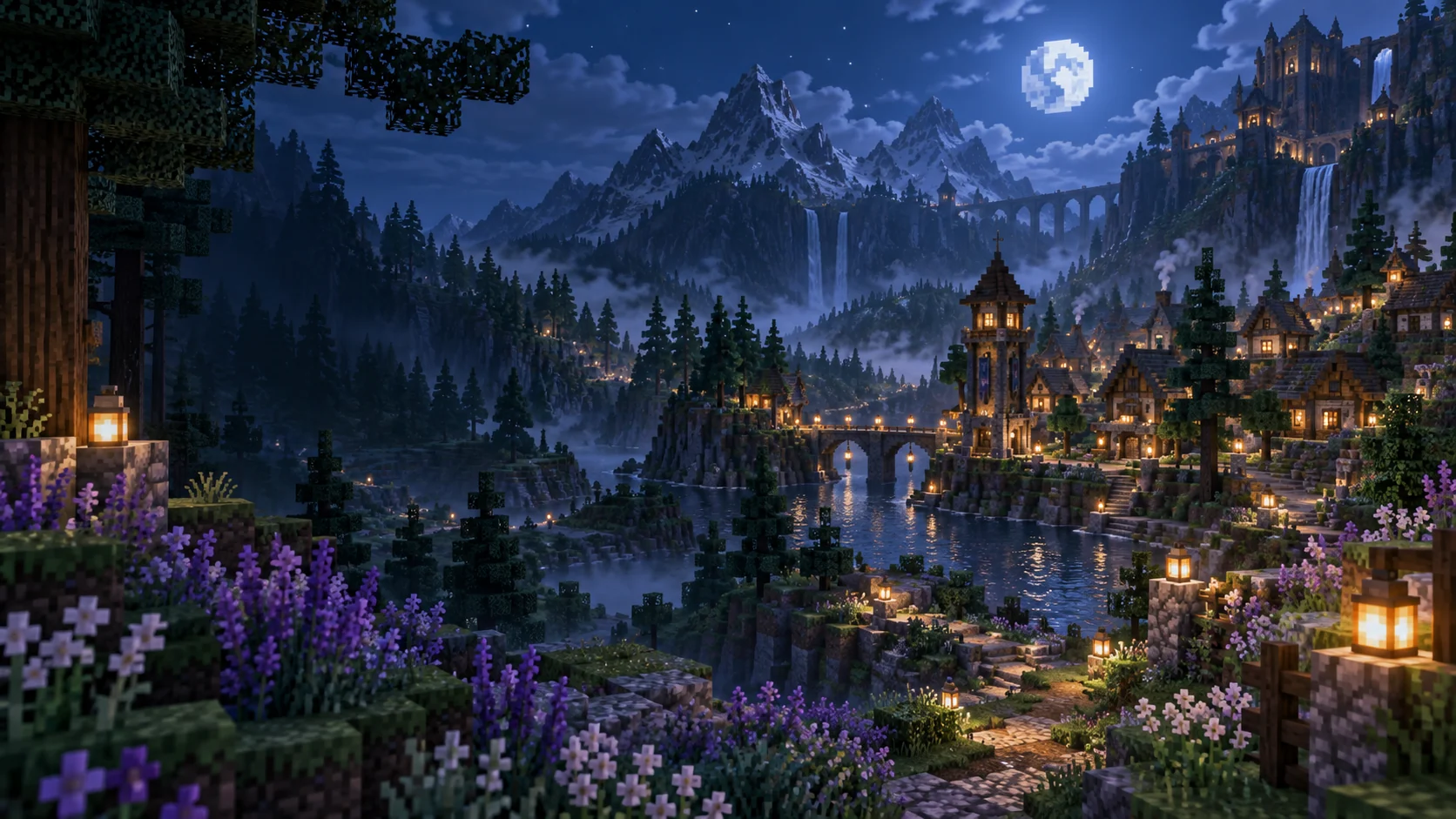 A moonlit voxel valley with evergreen forests, flowers and a lantern-lit village